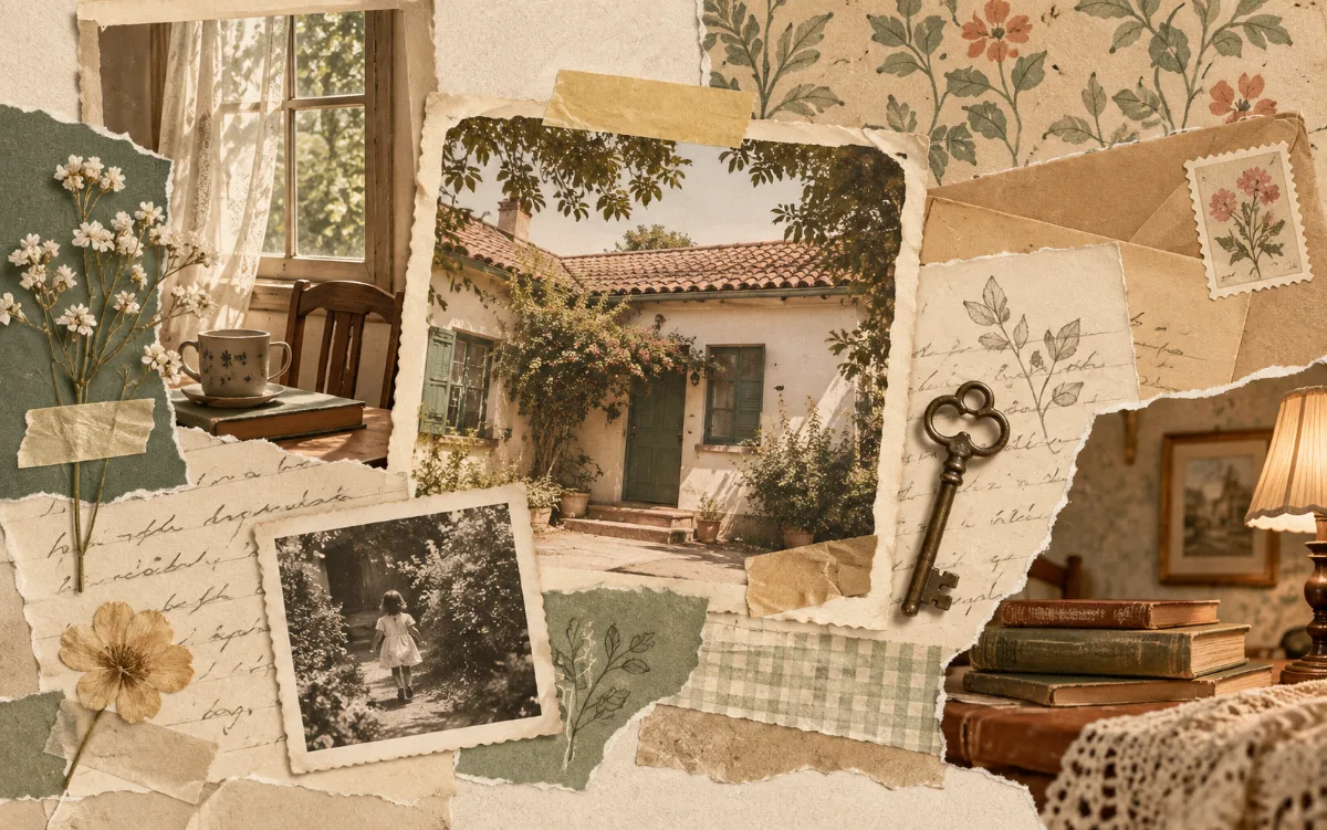 Collage de una casa antigua, una llave, cartas y flores secas